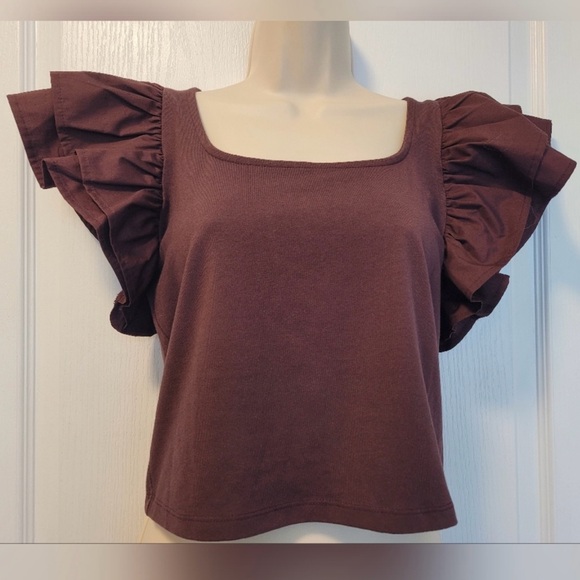 BROWN waist length Top short double ruffle flutter sleeves square neckline XL - Picture 4 of 9